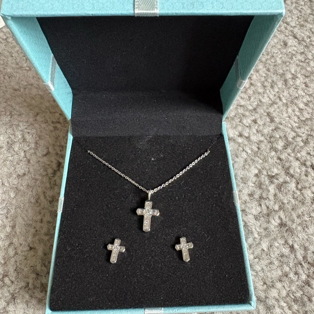 Diamonique cross necklace and earrings